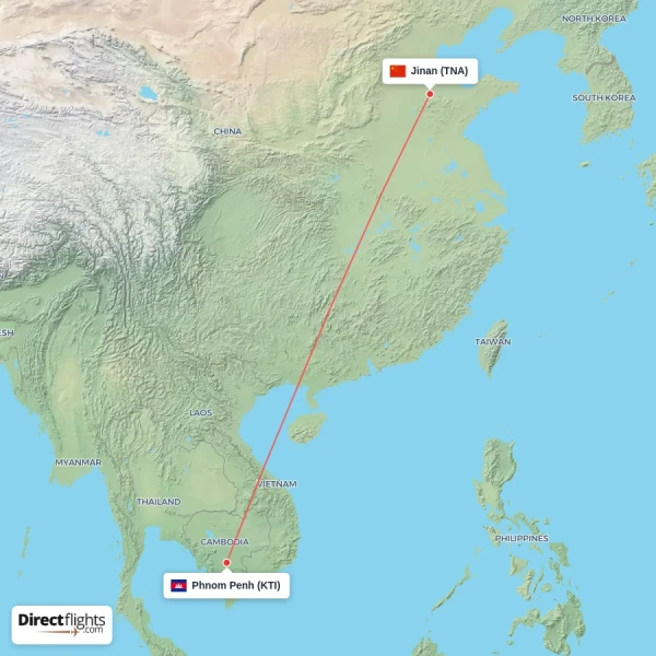 Jinan - Phnom Penh direct flight map