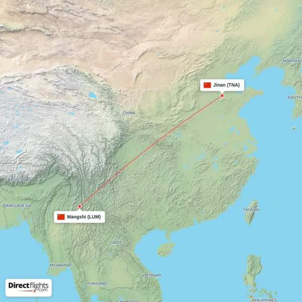 Jinan - Mangshi direct flight map