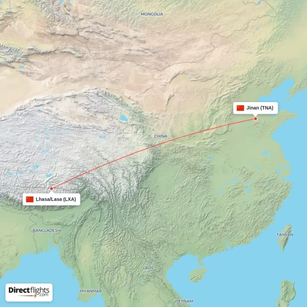 Jinan - Lhasa/Lasa direct flight map