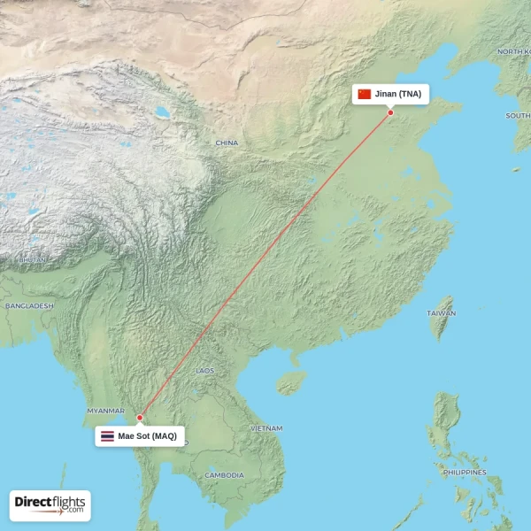 Jinan - Mae Sot direct flight map