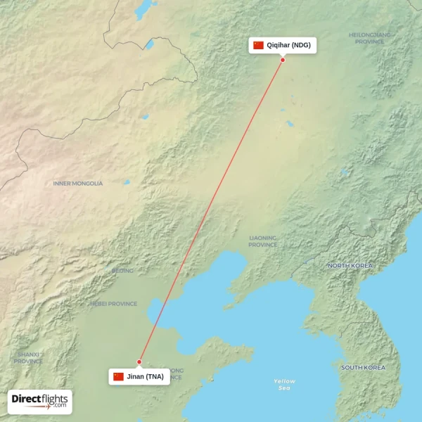 Jinan - Qiqihar direct flight map