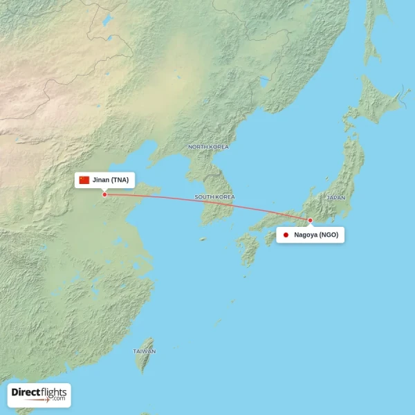 Jinan - Nagoya direct flight map