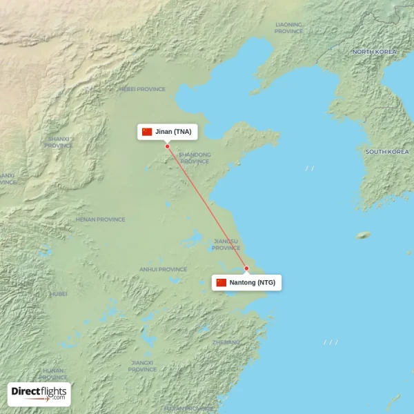 Jinan - Nantong direct flight map