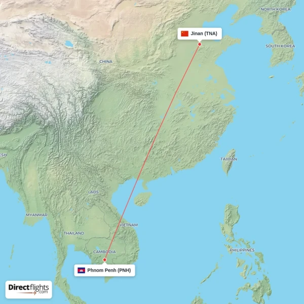 Jinan - Phnom Penh direct flight map