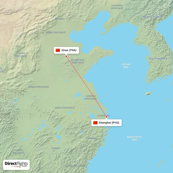 Jinan - Shanghai direct flight map