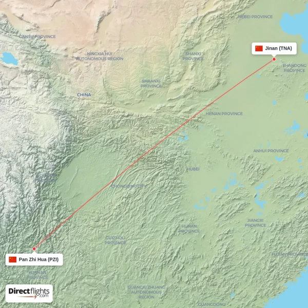 Jinan - Pan Zhi Hua direct flight map