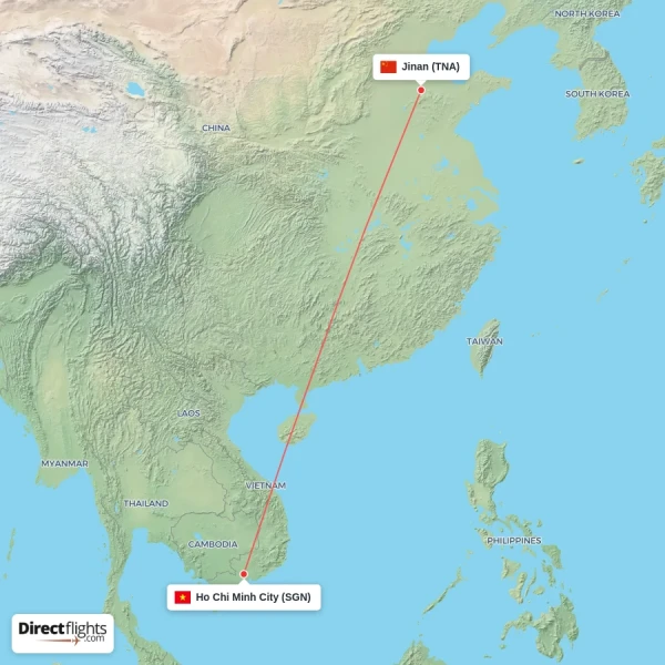 Jinan - Ho Chi Minh City direct flight map