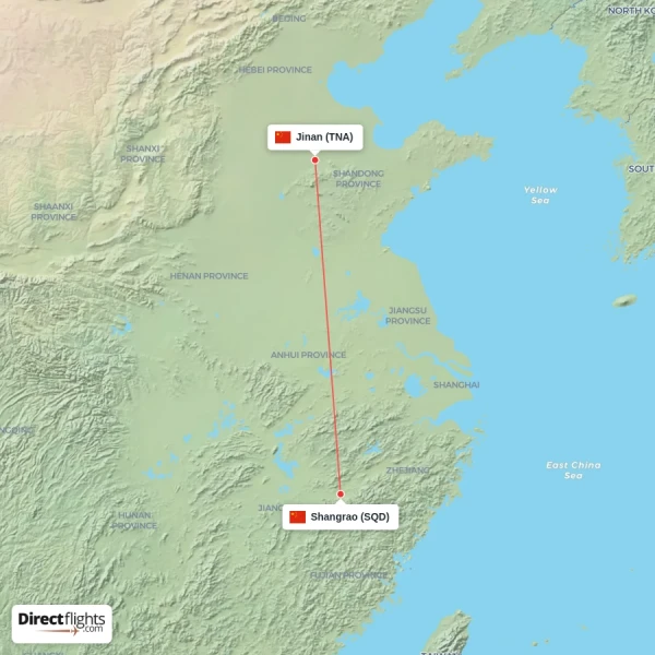Jinan - Shangrao direct flight map