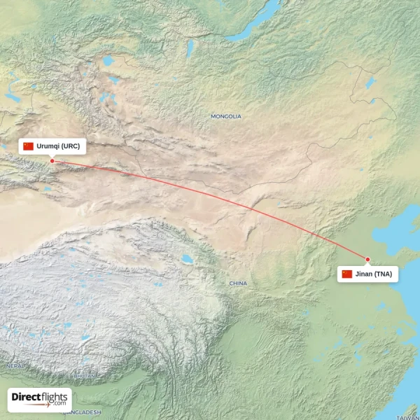 Jinan - Urumqi direct flight map