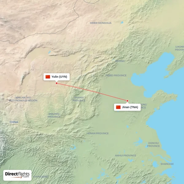 Jinan - Yulin direct flight map