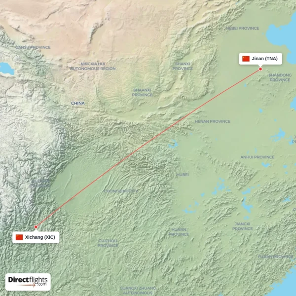 Jinan - Xichang direct flight map