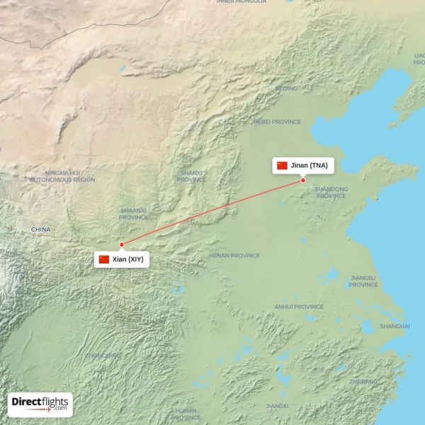 Jinan - Xian direct flight map
