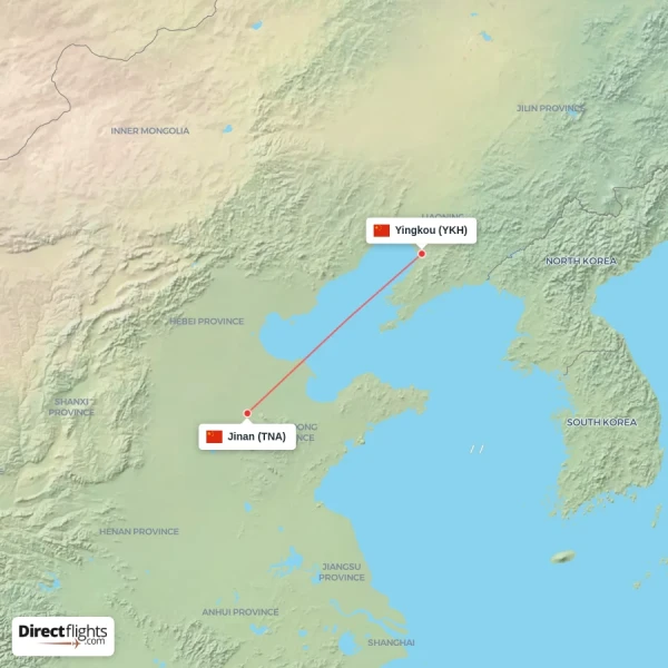 Jinan - Yingkou direct flight map