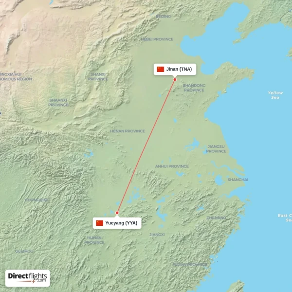 Jinan - Yueyang direct flight map