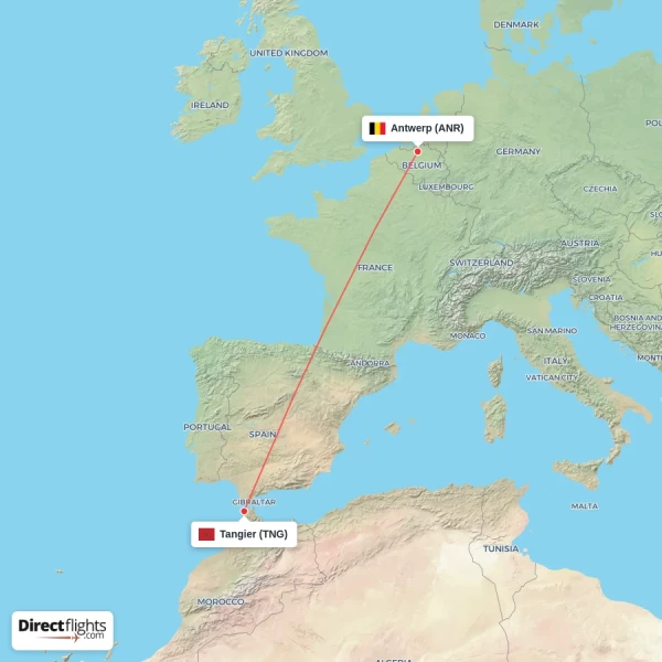 Tangier - Antwerp direct flight map