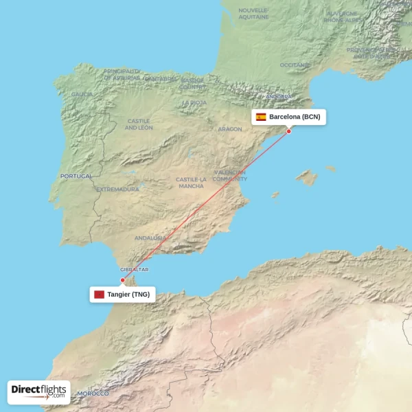 Tangier - Barcelona direct flight map