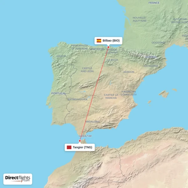 Tangier - Bilbao direct flight map