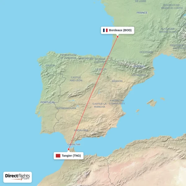 Tangier - Bordeaux direct flight map