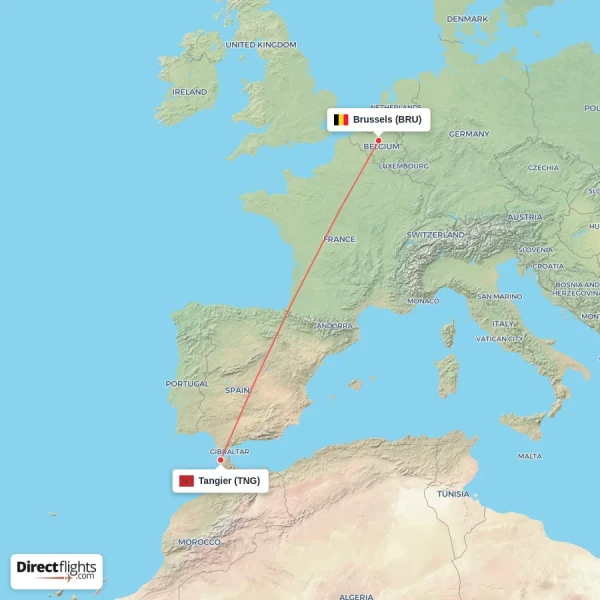 Tangier - Brussels direct flight map