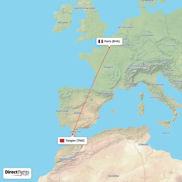 Tangier - Paris direct flight map
