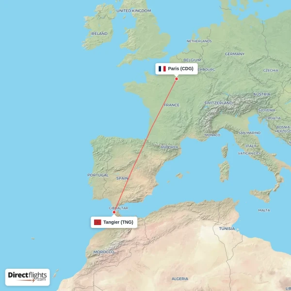 Tangier - Paris direct flight map