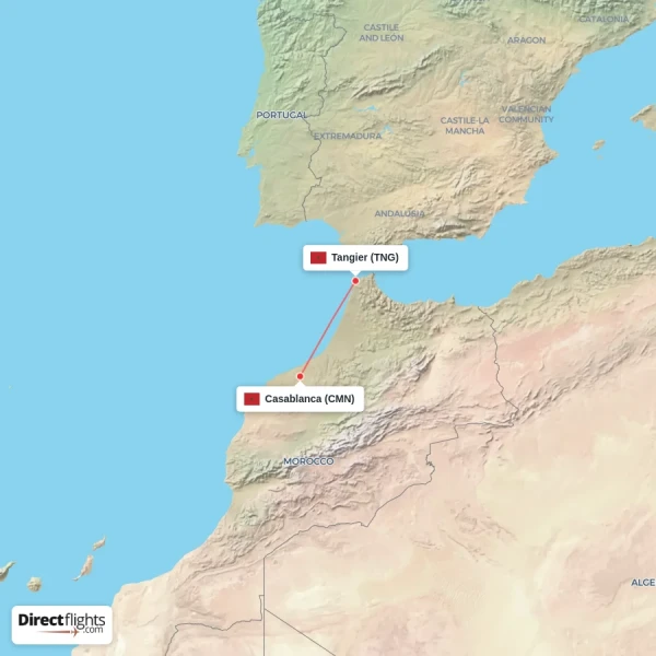 Tangier - Casablanca direct flight map