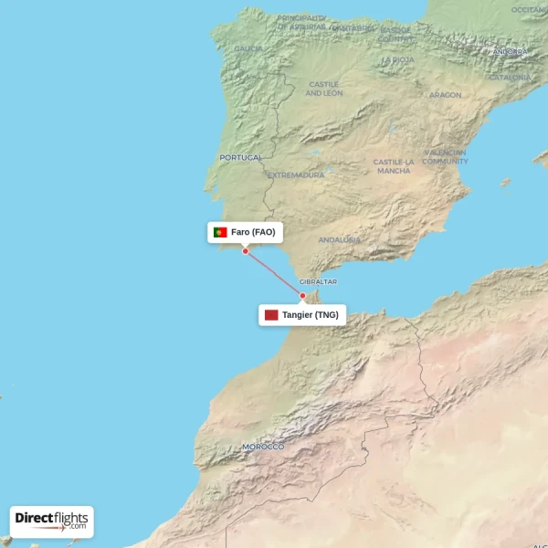 Tangier - Faro direct flight map