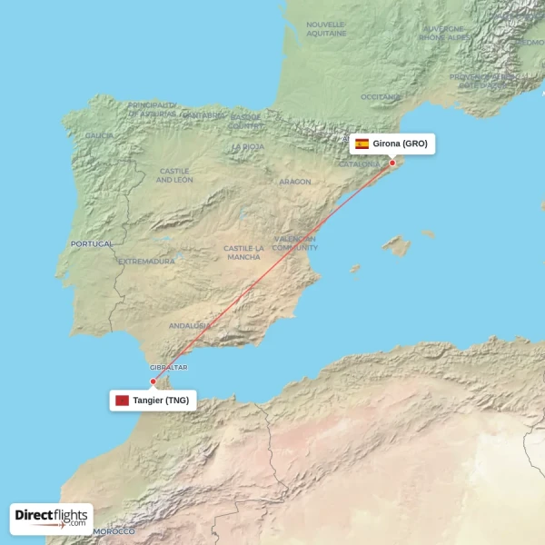 Tangier - Girona direct flight map