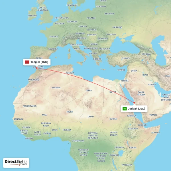 Tangier - Jeddah direct flight map