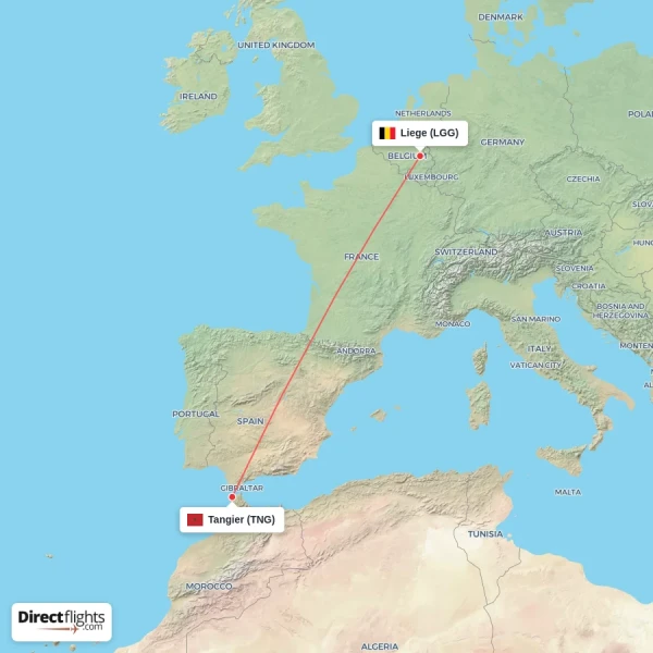 Tangier - Liege direct flight map