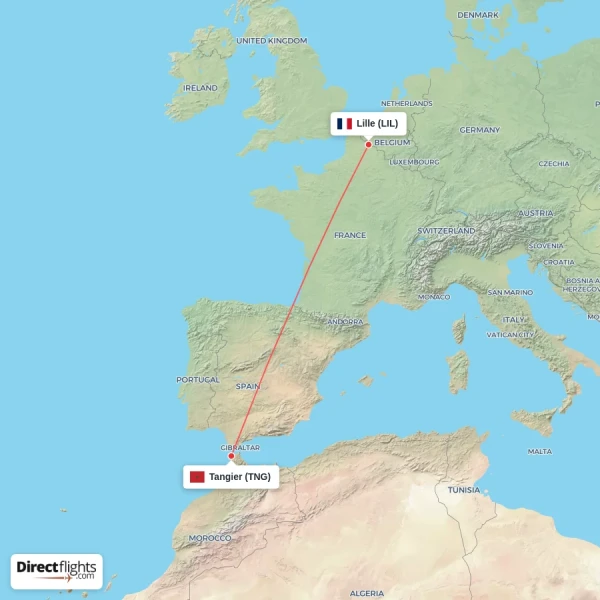 Tangier - Lille direct flight map