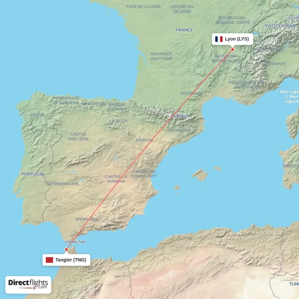 Tangier - Lyon direct flight map