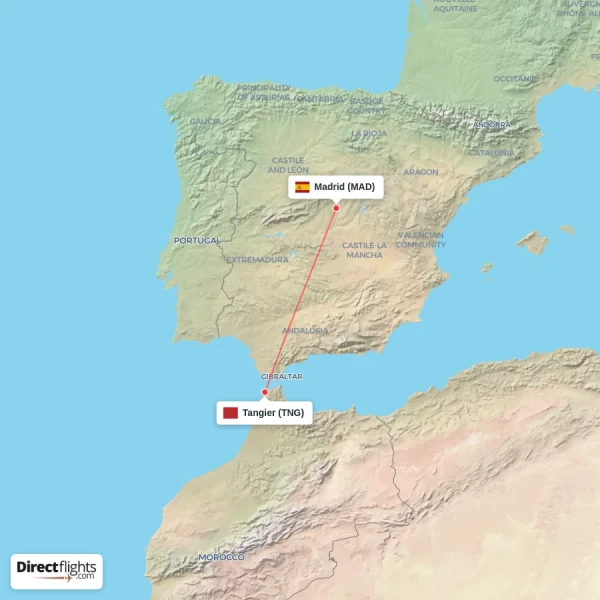 Tangier - Madrid direct flight map