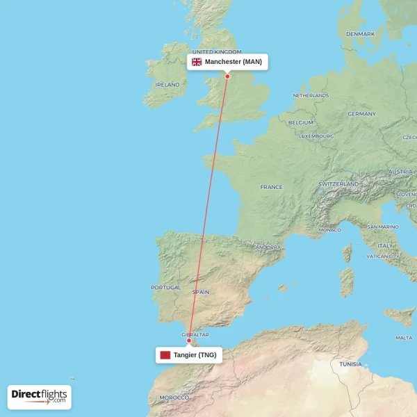 Tangier - Manchester direct flight map