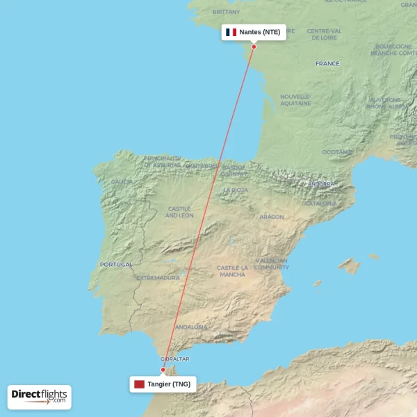 Tangier - Nantes direct flight map