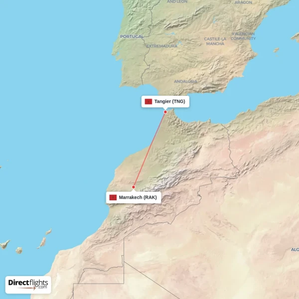 Tangier - Marrakech direct flight map