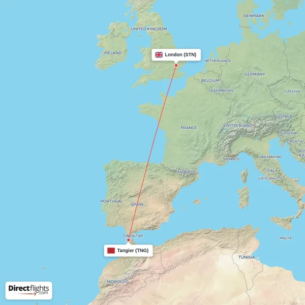 Tangier - London direct flight map