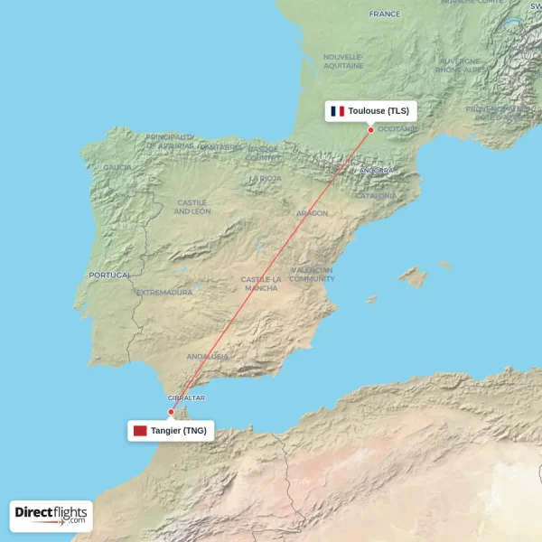 Tangier - Toulouse direct flight map
