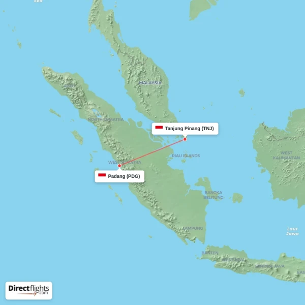 Tanjung Pinang - Padang direct flight map