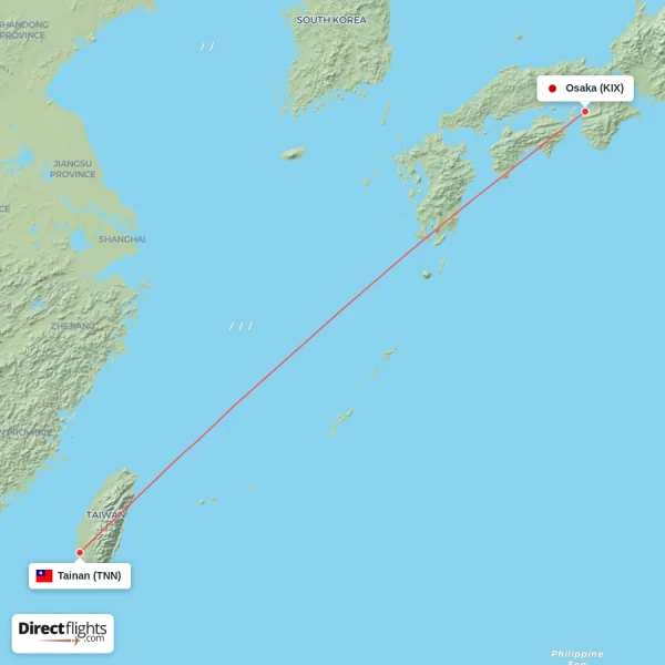 Tainan - Osaka direct flight map
