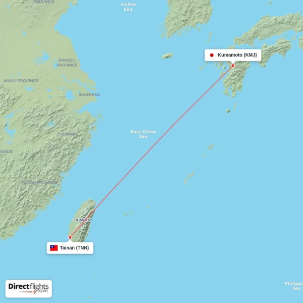 Tainan - Kumamoto direct flight map