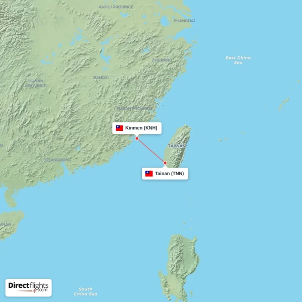 Tainan - Kinmen direct flight map