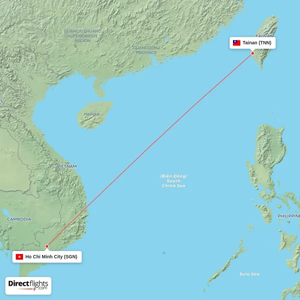 Tainan - Ho Chi Minh City direct flight map