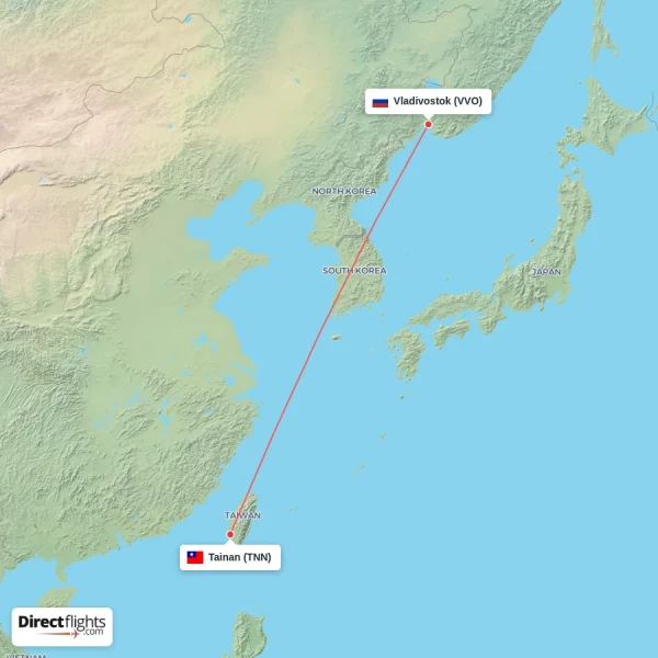 Tainan - Vladivostok direct flight map