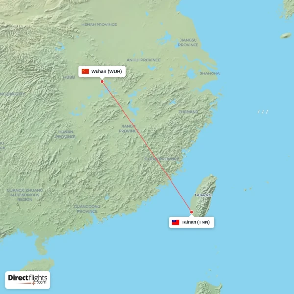Tainan - Wuhan direct flight map