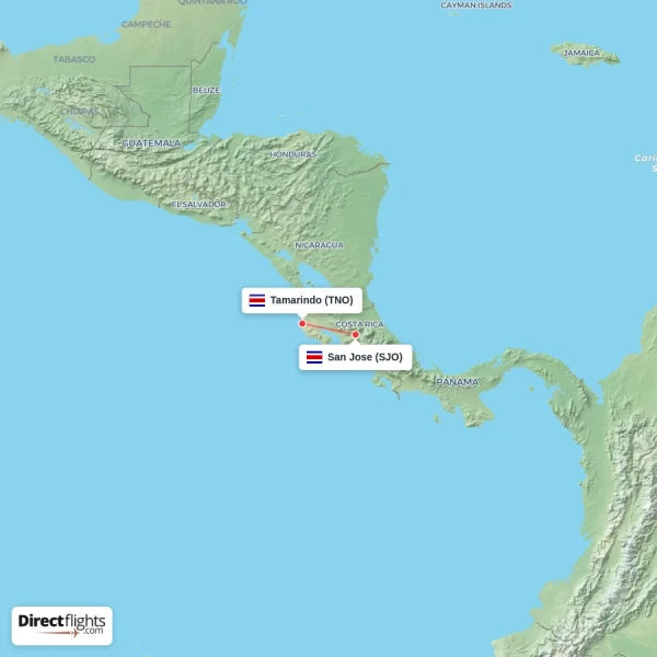 Tamarindo - San Jose direct flight map