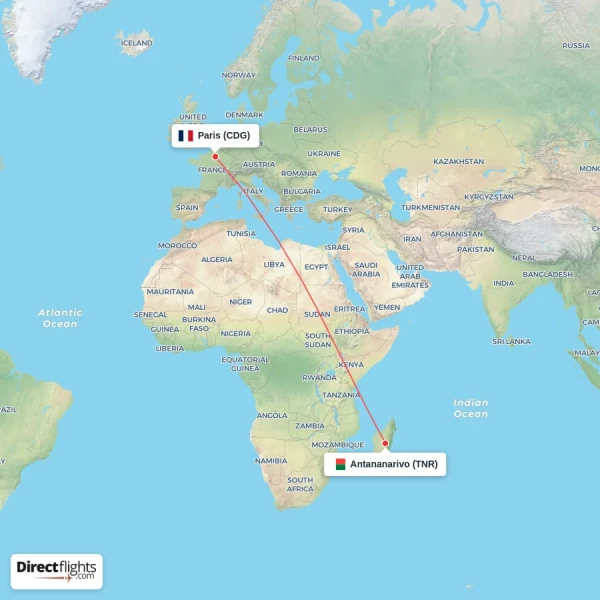 Antananarivo - Paris direct flight map