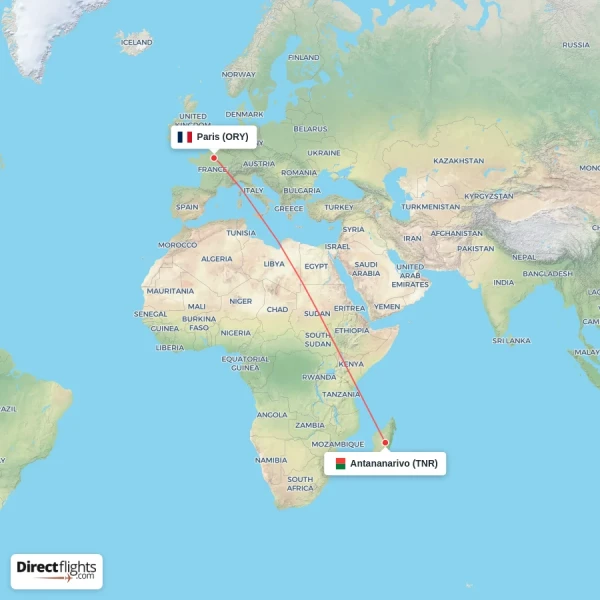 Antananarivo - Paris direct flight map