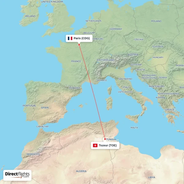 Tozeur - Paris direct flight map