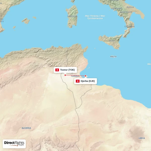 Tozeur - Djerba direct flight map